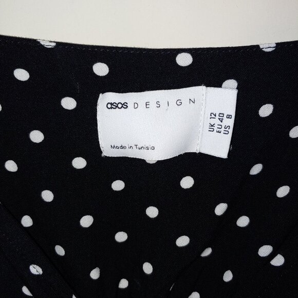 ASOS Design Black White Polka Dots V-Neck Long Sleeves Midi Dress Size 8 - Picture 2 of 9